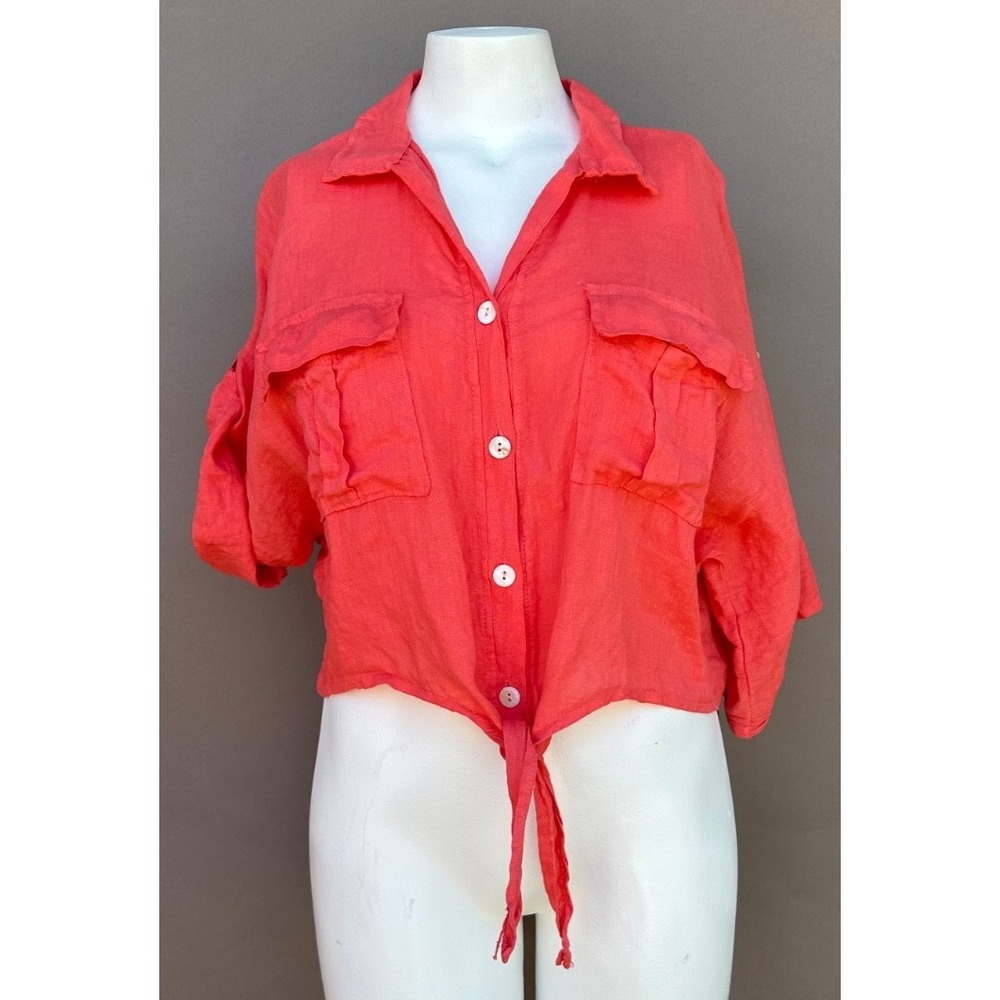 Made in Italy 100% Linen Crop Top OS Orange Quiet Luxury Modest Front Tie Boxy